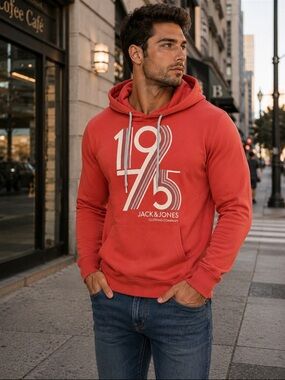 Men’s Jack & Jones Coral Red 1975 Pullover Hoodie😎XL